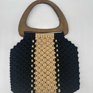 Macrame Boho Tote Bag Wooden Handles- Black and Tan Woven Purse